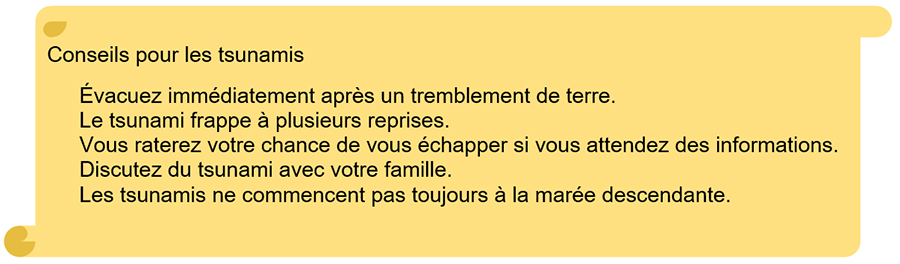 Tableau 4.4.6.1 Cinq conseils pour le tsunami