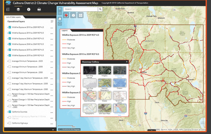 Figura 1.2.2.3 Mapa de evaluación de la vulnerabilidad al cambio climático de Caltrans