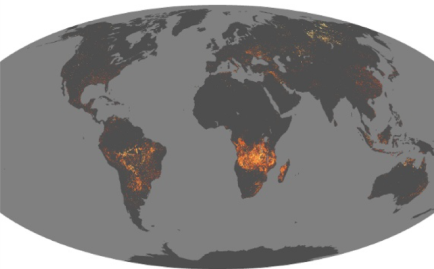 Figura 1.1.1.3 Densidad mundial de incendios observada a partir de MODIS en agosto de 2019.