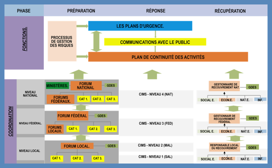 Figure 4.3.7 Structure de coordination pour les différents niveaux et étapes du processus de gestion des urgences.