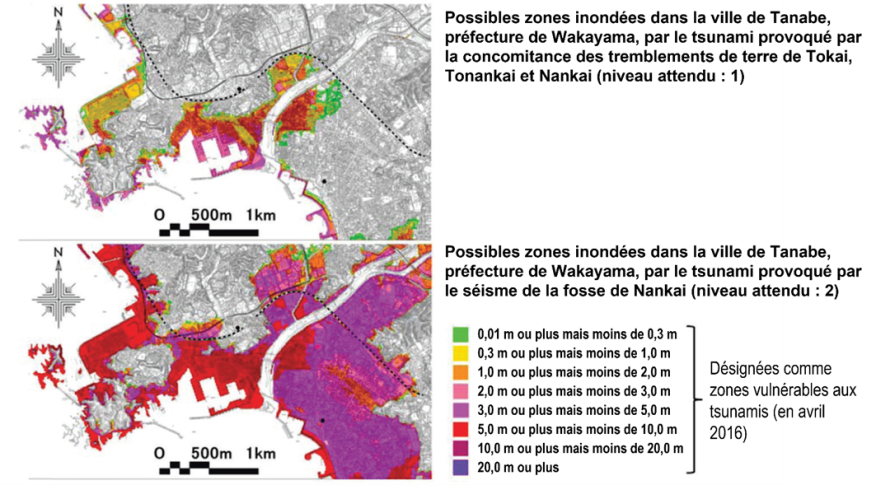 Figure 4.4.6.2.2 Exemples de zones prévues inondées par deux tsunamis (niveau 1 et niveau 2)