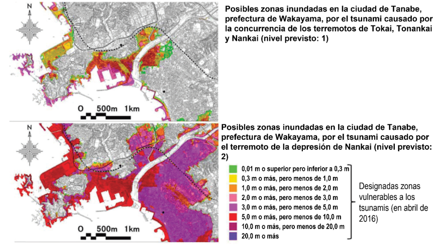 Figura 4.4.6.2.2 Ejemplos de zonas inundadas previstas por dos tsunamis (nivel 1 y nivel 2)