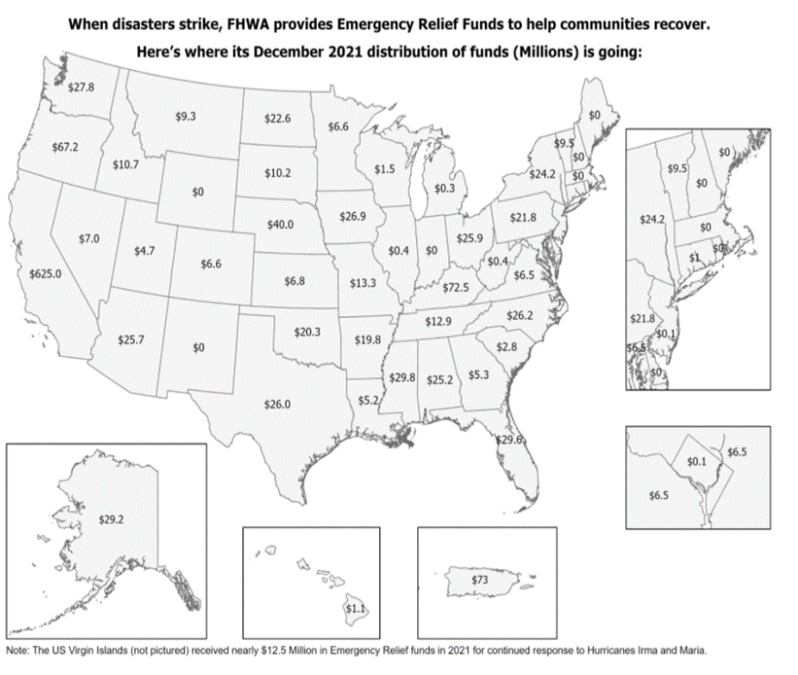 Figure 1.1.2.3 Map of Allocation of Emergency Relief (ER) for Federal-aid Highways (ERFA) Funds and Allotment of Emergency Relief for Federally owned Roads (ERFO) Funds, Fiscal Year (FY) 2022