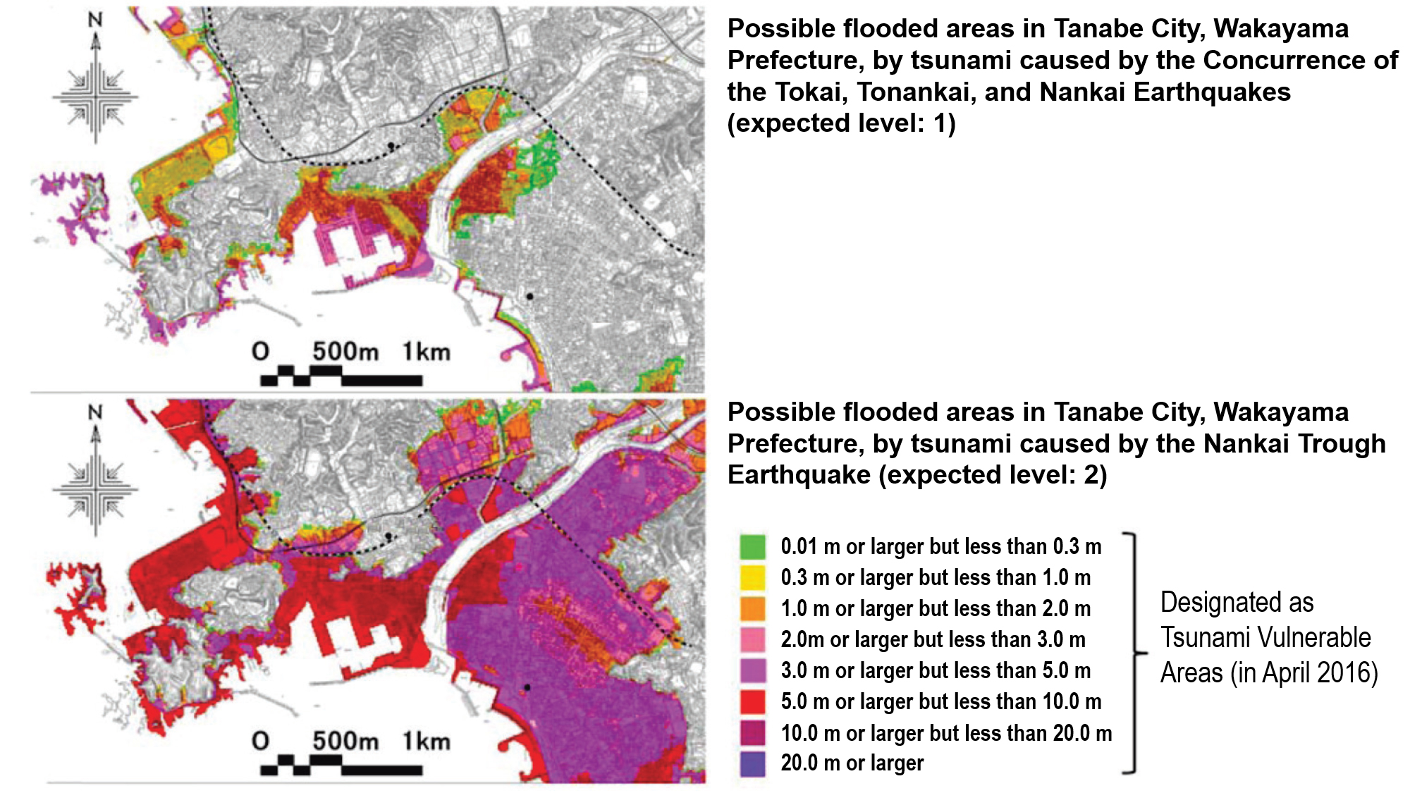Figure 4.4.6.2.2 Examples of expected areas flooded by Two Tsunamis (level1 and Level 2)
